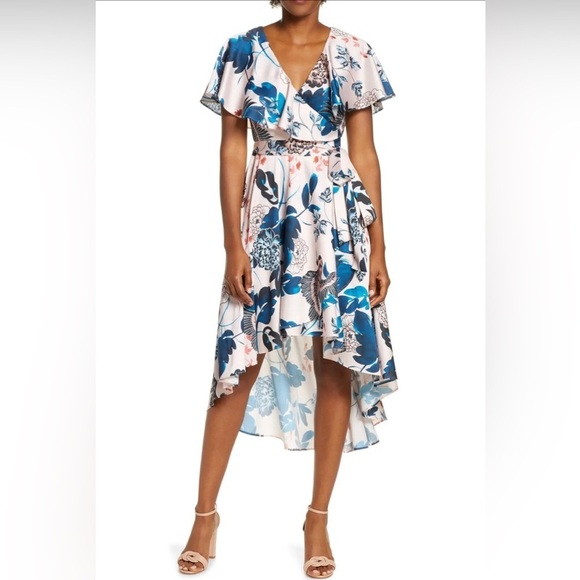 Eliza J Floral Flutter High Low Faux Wrap Dress Floral Exotic Birds Feminine 8 - Picture 1 of 15